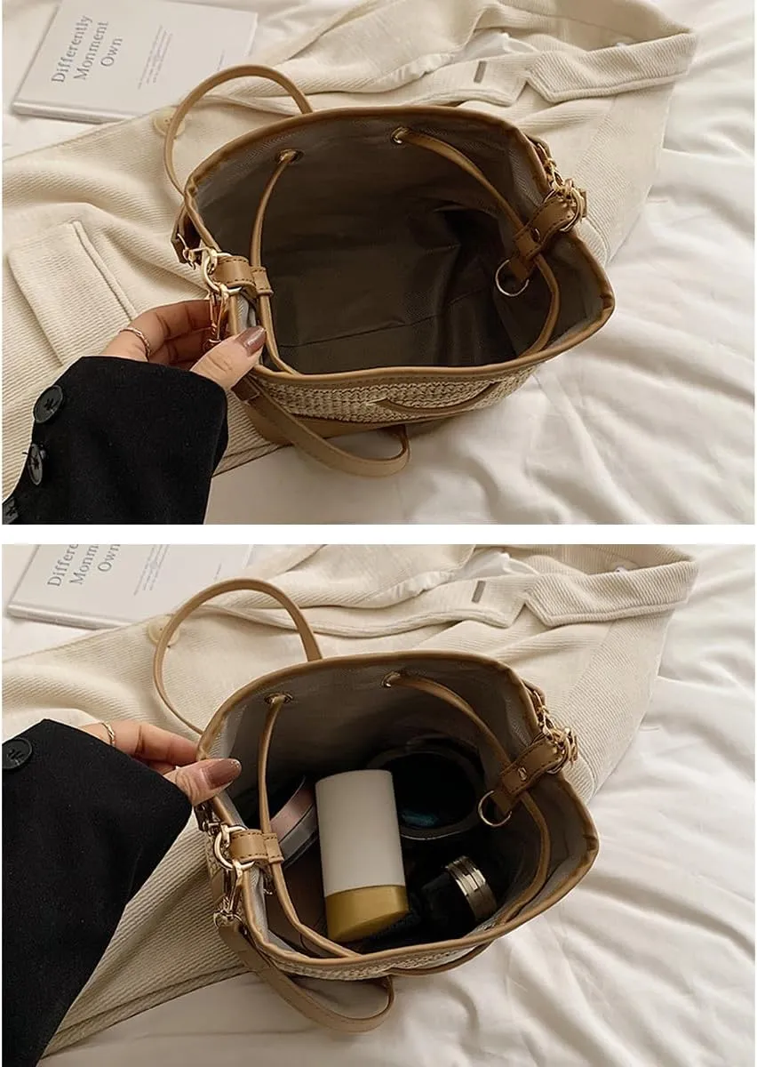 Drawstring Straw Bag Small Crossbody Purses Women Summer Y2k Beach Crochet Bucket Bags Cute Purse Trendy 2025