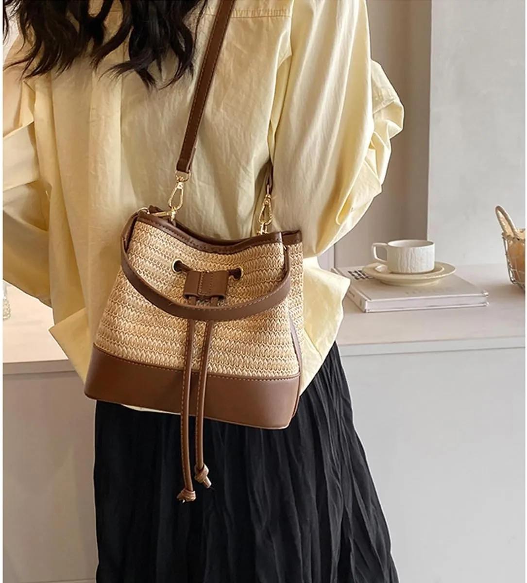 Drawstring Straw Bag Small Crossbody Purses Women Summer Y2k Beach Crochet Bucket Bags Cute Purse Trendy 2025