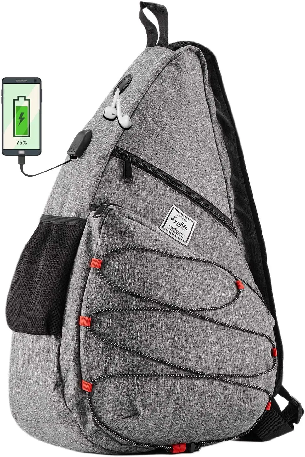 d'yallee 15.4" Sling Bag for Men Crossbody Shoulder Chest Bags Nylon for Travel Gym Sport Hiking with USB Charger Port 