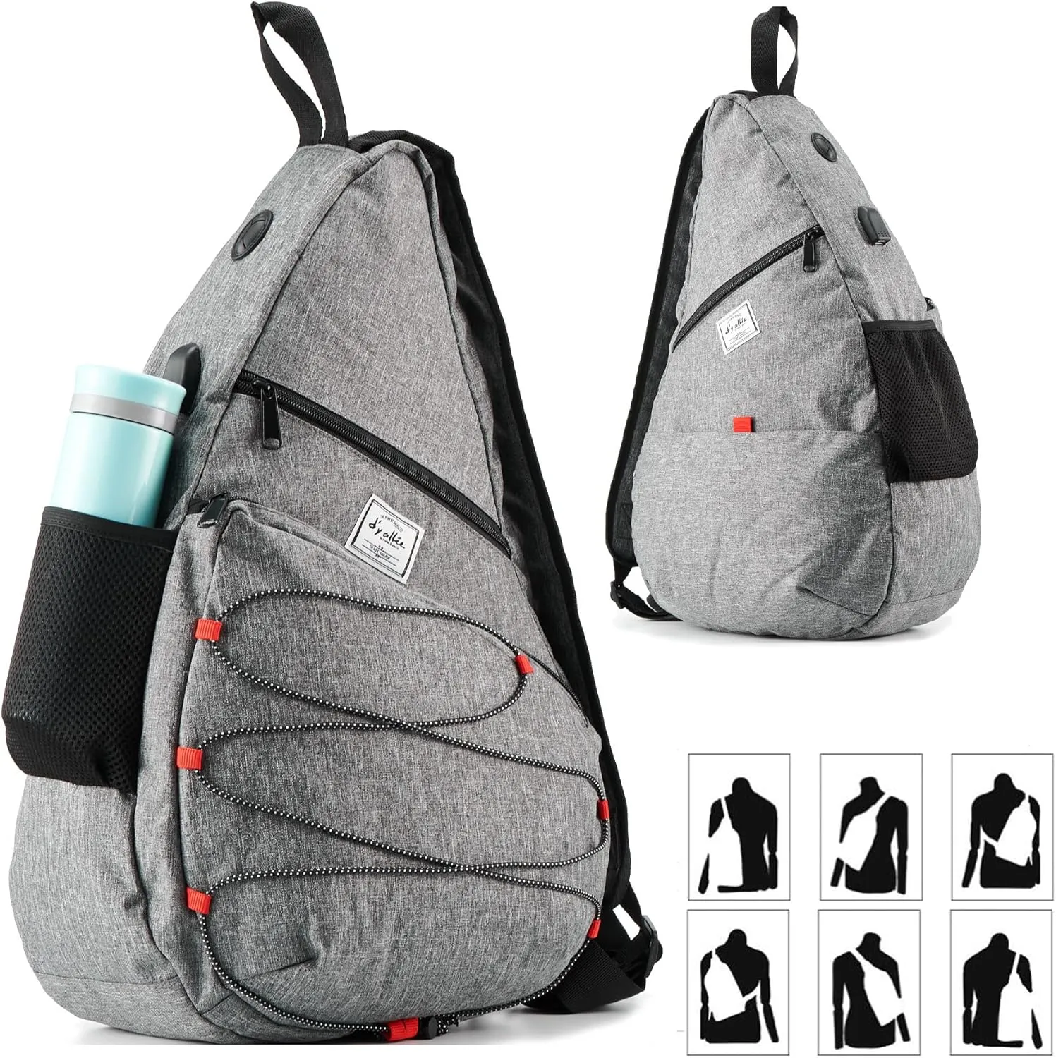 d'yallee 15.4" Sling Bag for Men Crossbody Shoulder Chest Bags Nylon for Travel Gym Sport Hiking with USB Charger Port 