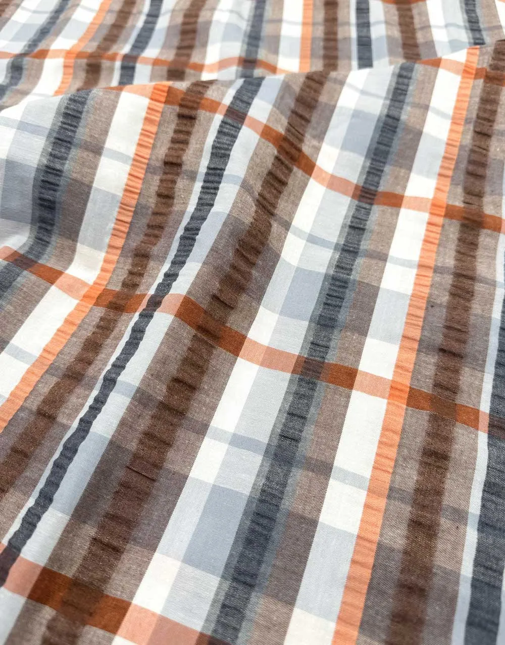 Earthy Plaid Yarn Dyed Cotton Seersucker Fabric