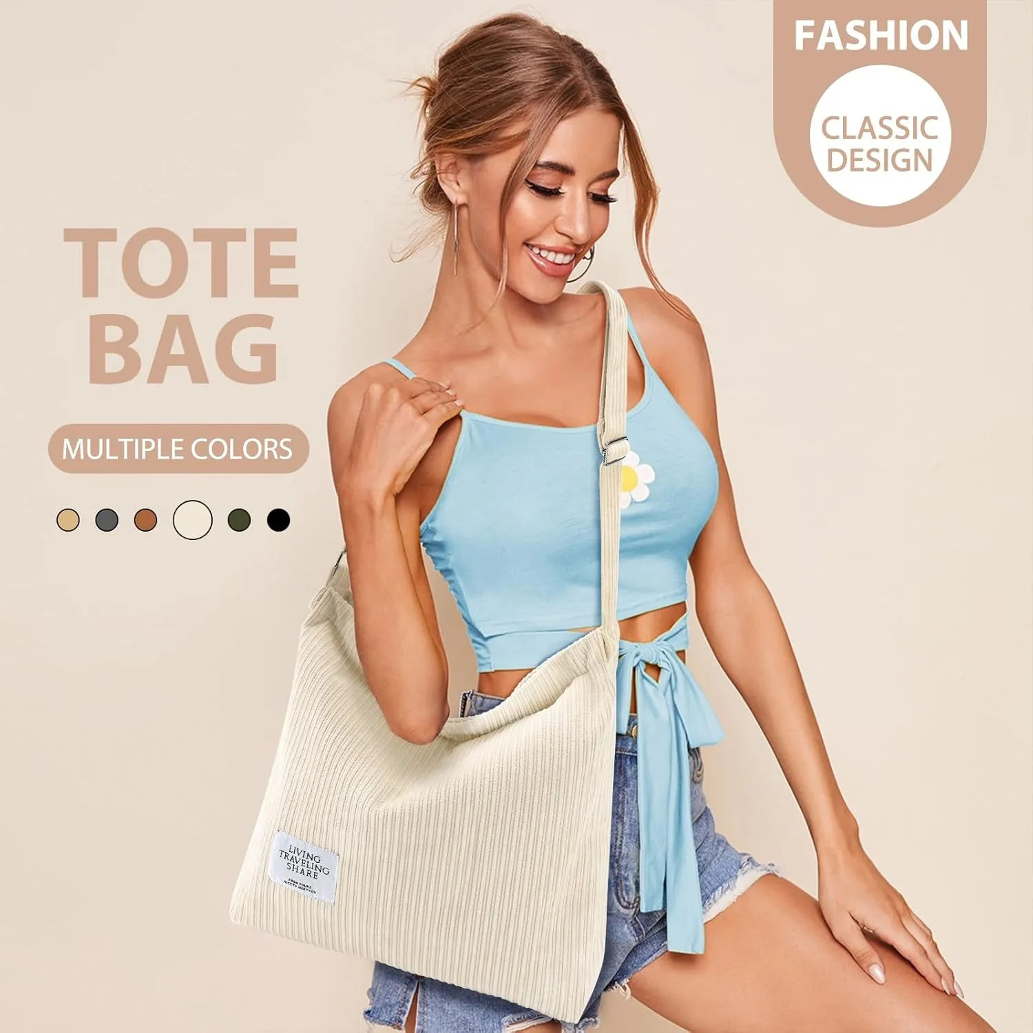 EIMMBD Corduroy Tote Bag for Women Tote Bag Aesthetic Handbags Shoulder Bag Crossbody Bag with Zipper for Travel Work