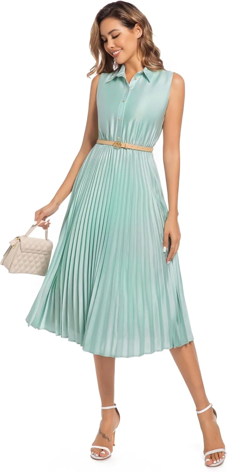 Elegant Satin Sleeveless Midi Summer Dress for Women with Belt,Fit and Flare for Formal Business Casual
