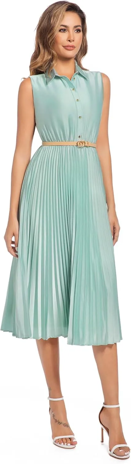 Elegant Satin Sleeveless Midi Summer Dress for Women with Belt,Fit and Flare for Formal Business Casual