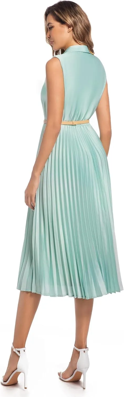 Elegant Satin Sleeveless Midi Summer Dress for Women with Belt,Fit and Flare for Formal Business Casual