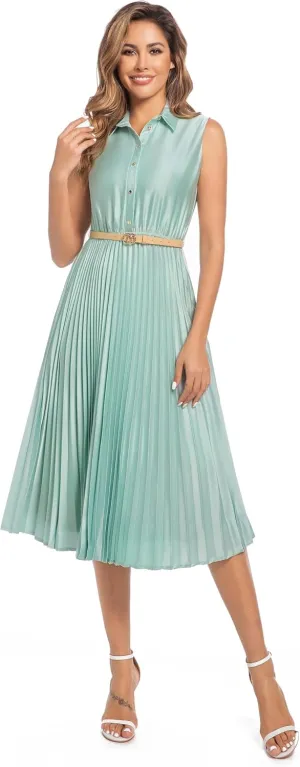 Elegant Satin Sleeveless Midi Summer Dress for Women with Belt,Fit and Flare for Formal Business Casual