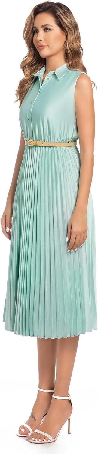 Elegant Satin Sleeveless Midi Summer Dress for Women with Belt,Fit and Flare for Formal Business Casual
