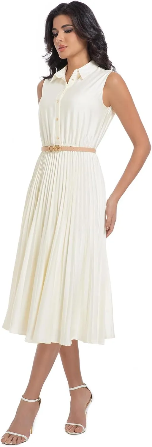 Elegant Satin Sleeveless Midi Summer Dress for Women with Belt,Fit and Flare for Formal Business Casual