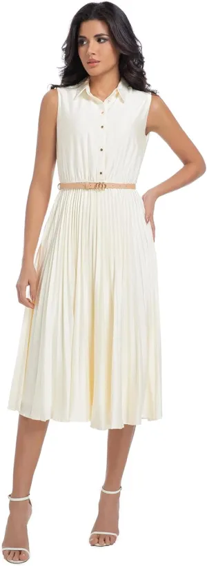 Elegant Satin Sleeveless Midi Summer Dress for Women with Belt,Fit and Flare for Formal Business Casual