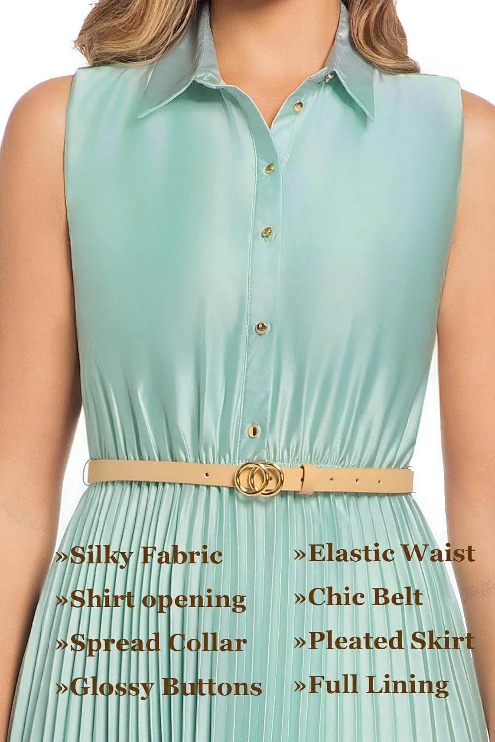 Elegant Satin Sleeveless Midi Summer Dress for Women with Belt,Fit and Flare for Formal Business Casual