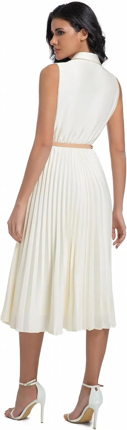 Elegant Satin Sleeveless Midi Summer Dress for Women with Belt,Fit and Flare for Formal Business Casual