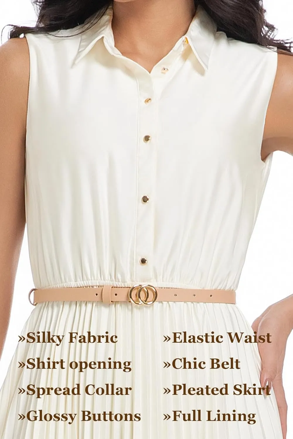 Elegant Satin Sleeveless Midi Summer Dress for Women with Belt,Fit and Flare for Formal Business Casual