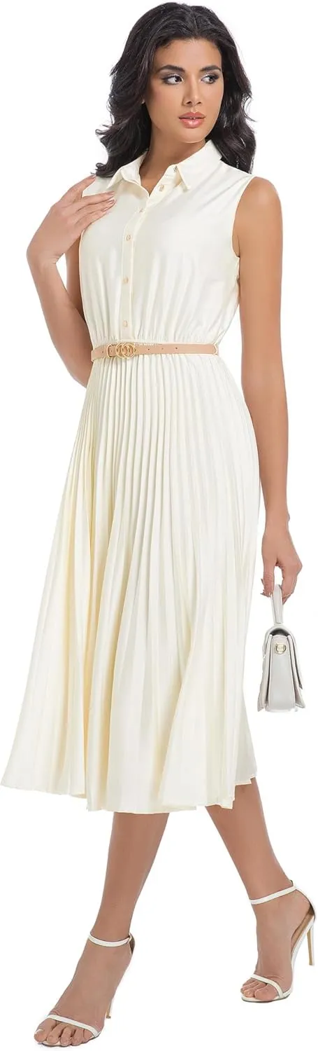 Elegant Satin Sleeveless Midi Summer Dress for Women with Belt,Fit and Flare for Formal Business Casual