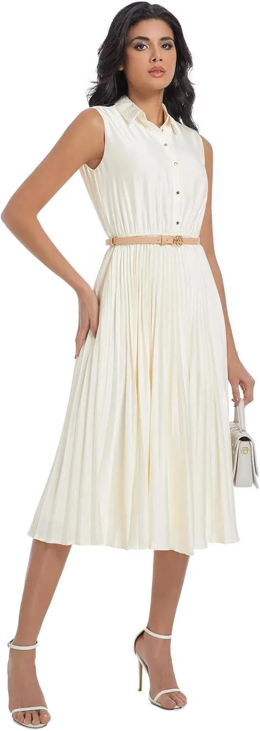 Elegant Satin Sleeveless Midi Summer Dress for Women with Belt,Fit and Flare for Formal Business Casual
