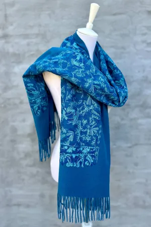 Embroidered Cashmere Pashmina In Peacock