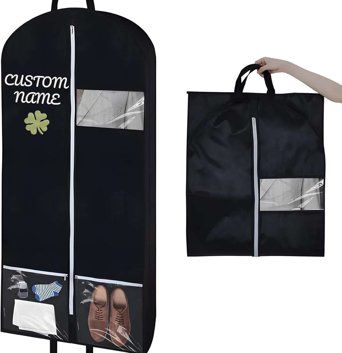 Embroidered Garment Bags for Hanging Clothes - Custom Clear View Dress Covers with 2 Pockets, Travel Essentials Birthday Wedding Gift for Men Women for Clergy Outfits, Cheer Uniforms Closet Storage