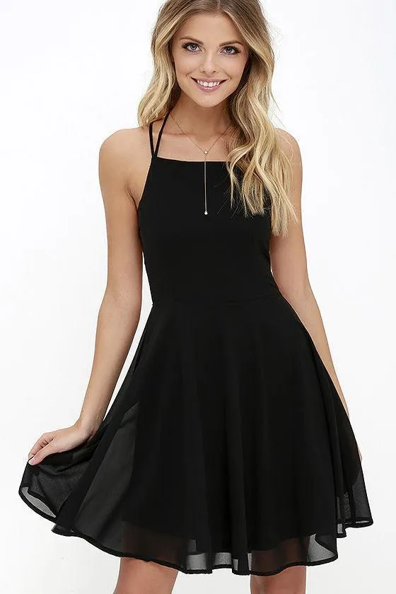 European And American Sexy Sleeveless Suspender Hollow Waist Solid Color Chiffon Dress