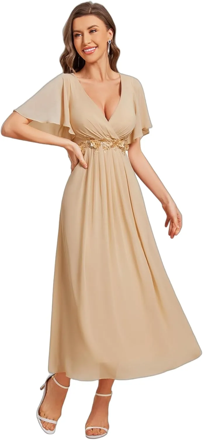 Ever-Pretty Women's Cocktail Dresses V Neck A-Line Elastic High Waist Wedding Guest Evening Party Maxi Dress 02093