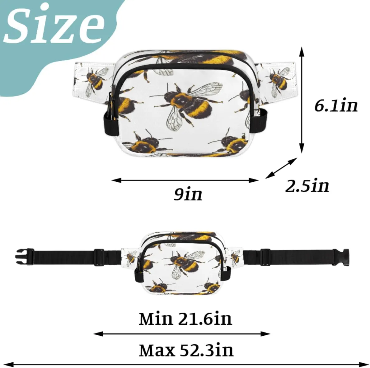 Fanny Pack for Men Women, Waterproof Sports Waist Bag Pack, Honeybees Belt Bag for Travel Hiking Running, Travel Chest Bag with Adjustable Strap, Bees