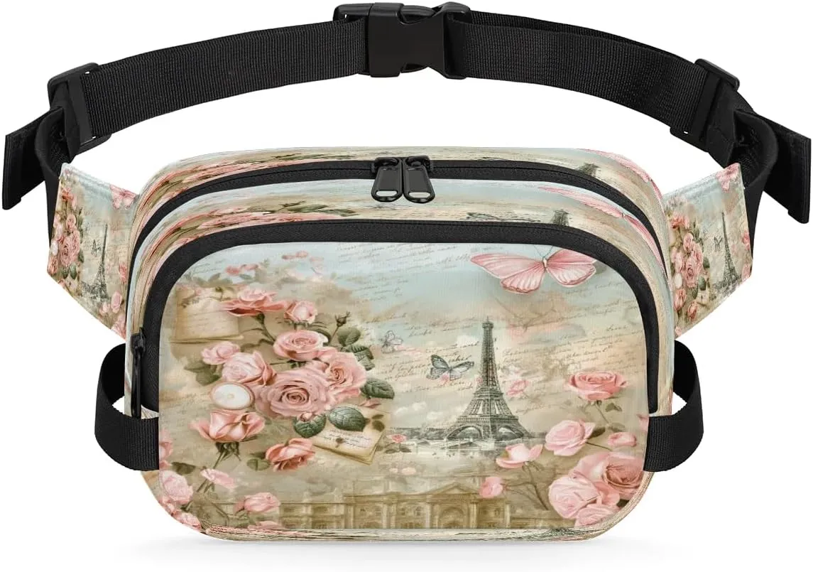 Fanny Pack for Women Men Unisex, Romantic France Postcard Waist Packs Casual Crossbody Belt Bags with Adjustable Strap for Sports Running Hiking