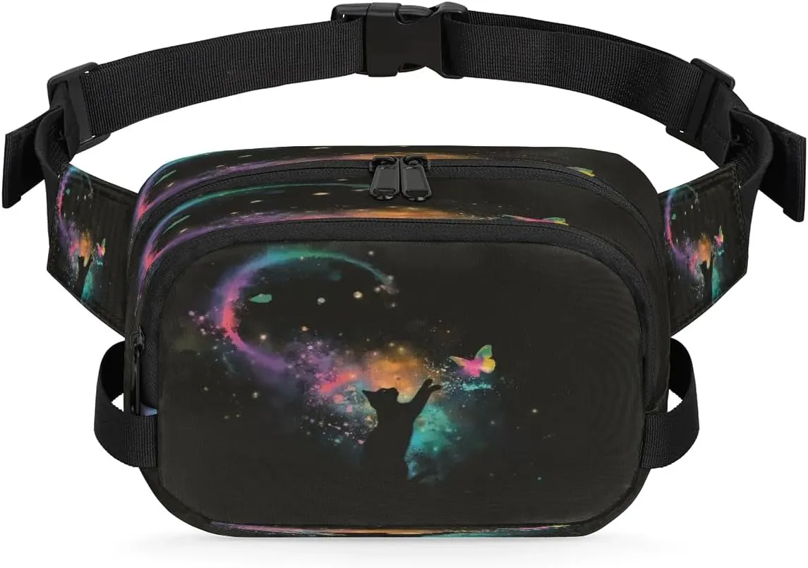 Fanny Pack for Women Men Unisex, Watercolor Cat Butterfly Waist Packs Casual Crossbody Belt Bags with Adjustable Strap for Sports Running Hiking