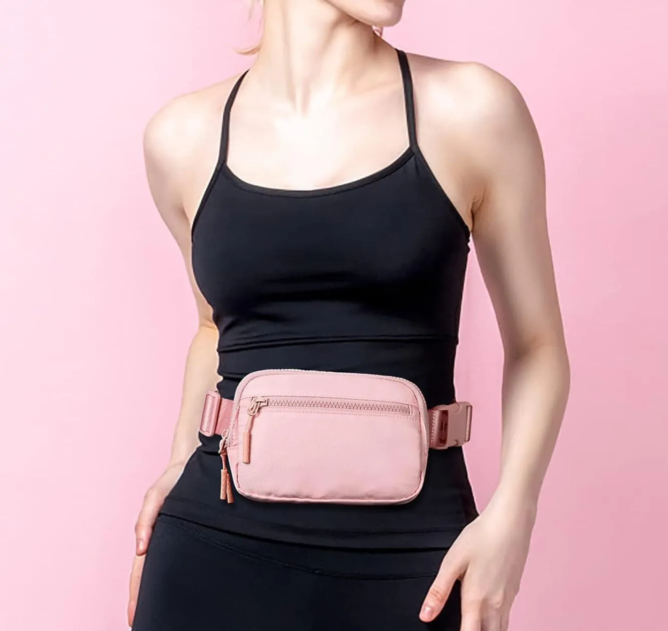 Fanny Packs for Women Men, Belt Bag with 4 Zipper Pockets, Fashion Waist Packs, Lightweight Crossbody Bags with Adjustable Strap for Workout/Running/Hiking (Pink)