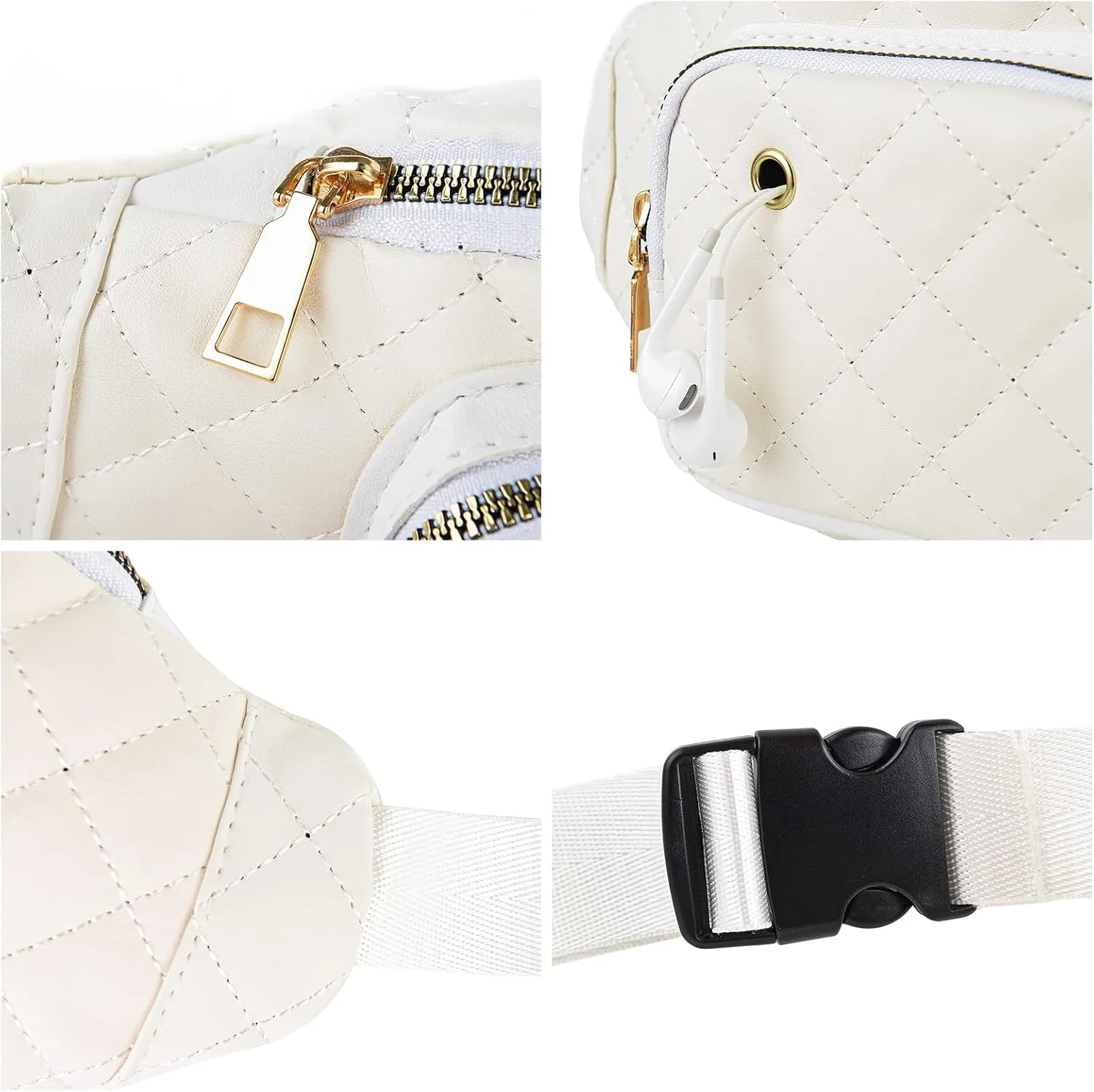 Fashion Waist Packs for Men Women Waist Bags Quilted Belt Bag Bum Bags Crossbody Waist Bag Purse for Sports Workout Traveling Running Casual Bag,White