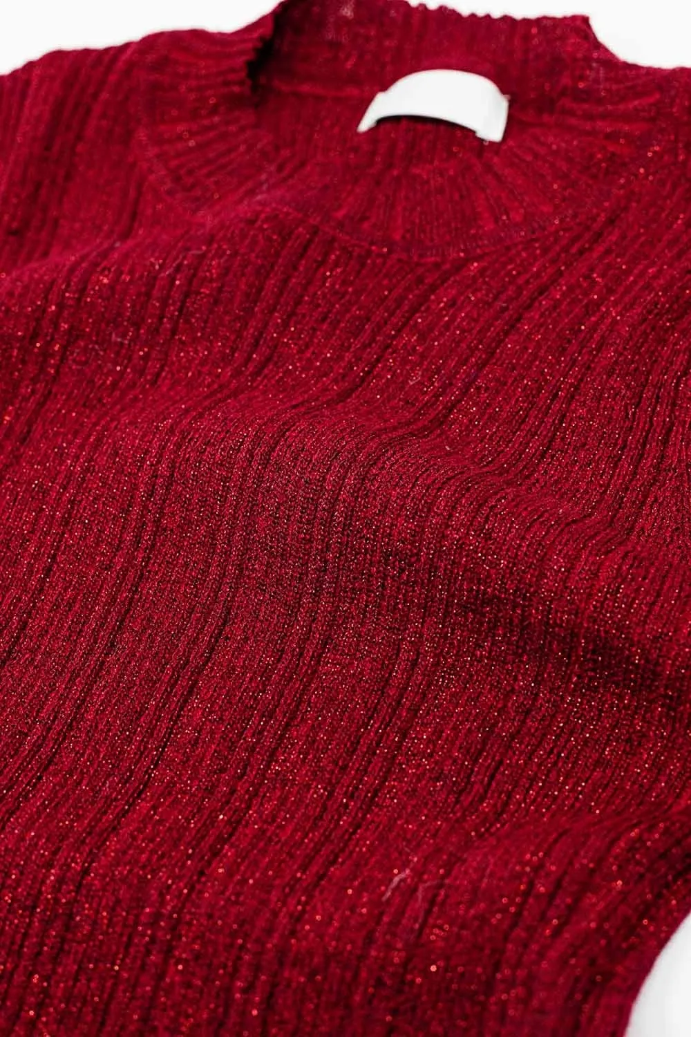 Fitted Ribbed Sweater In Maroon With Silver Thread Detail