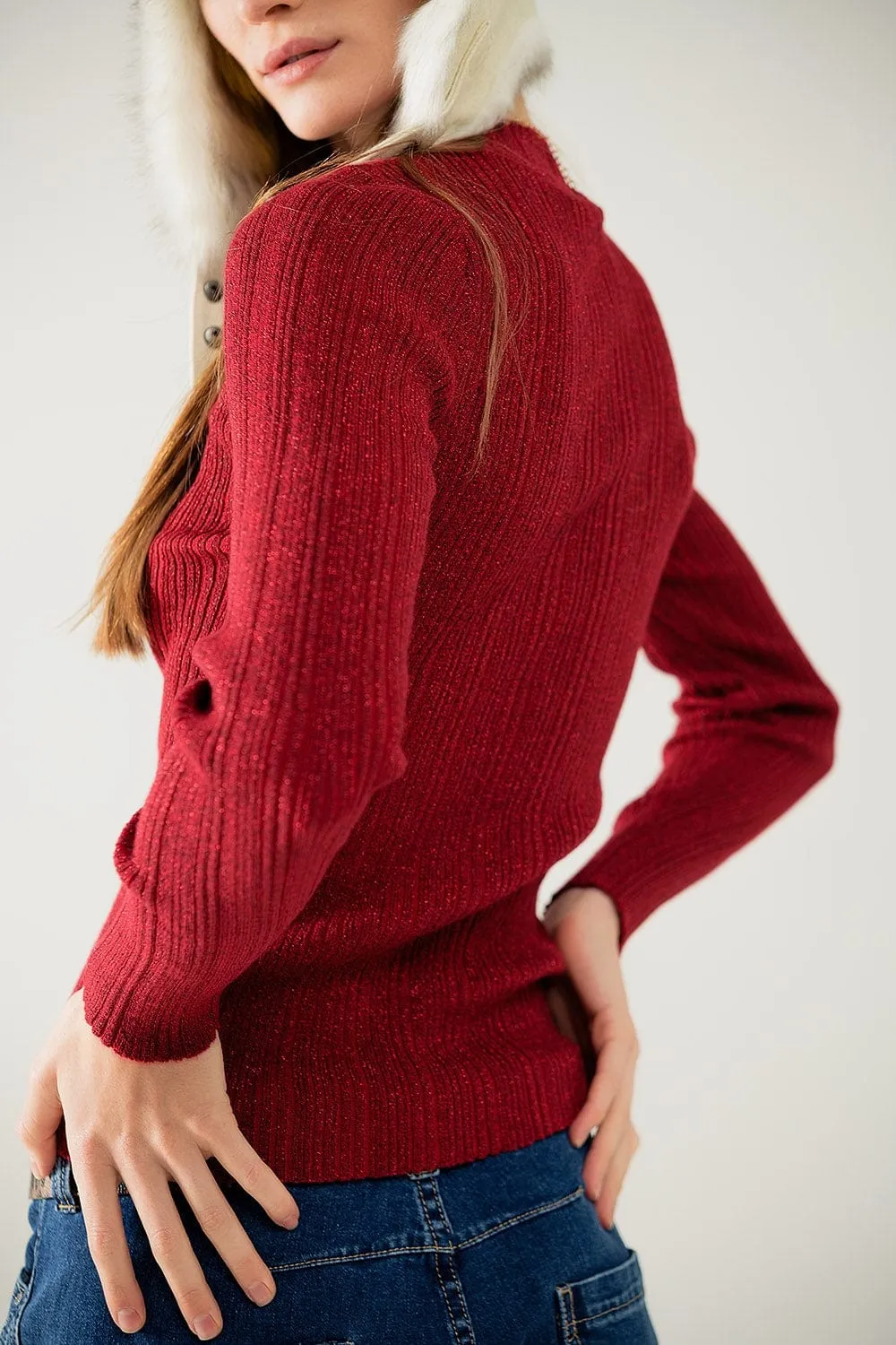 Fitted Ribbed Sweater In Maroon With Silver Thread Detail