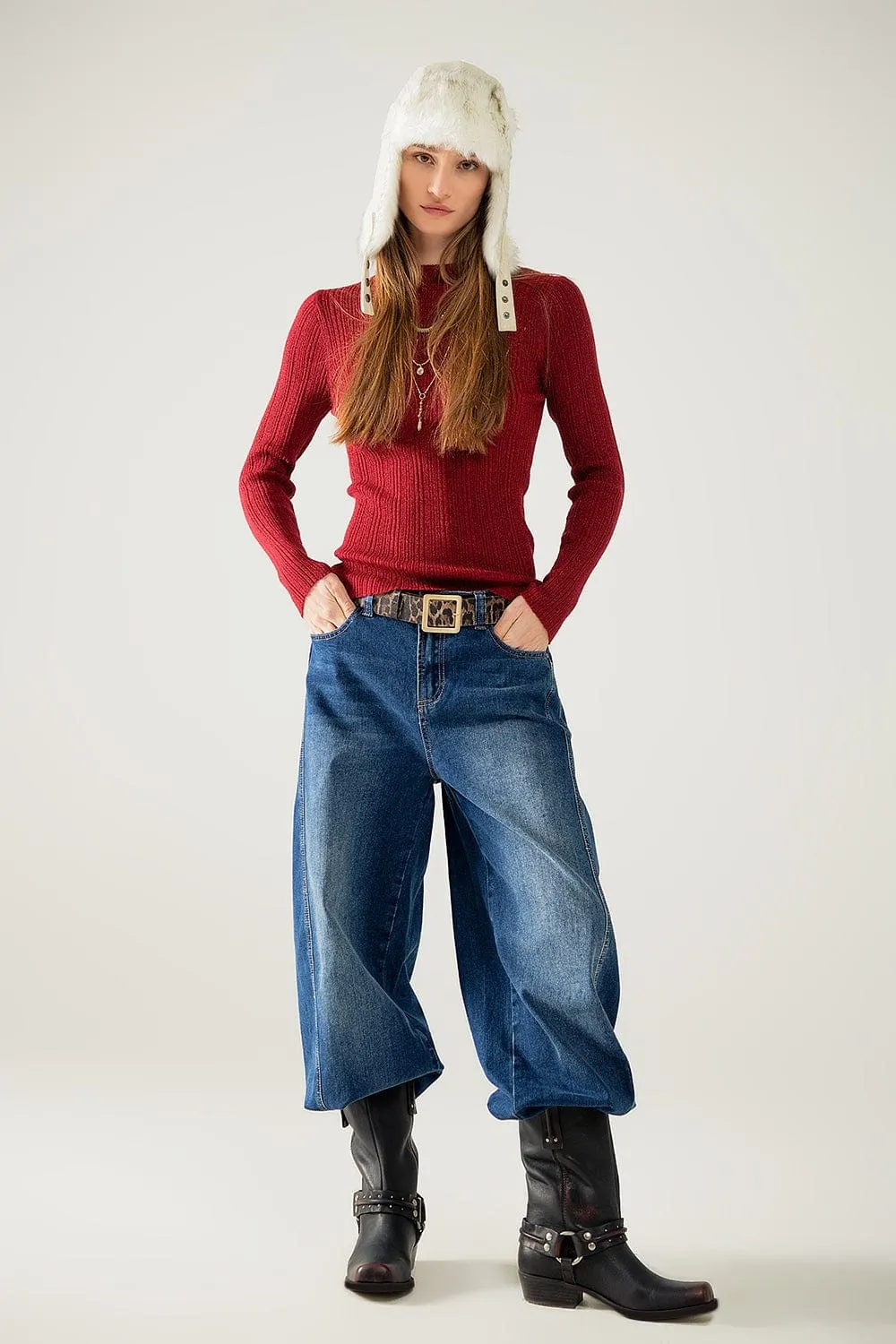 Fitted Ribbed Sweater In Maroon With Silver Thread Detail