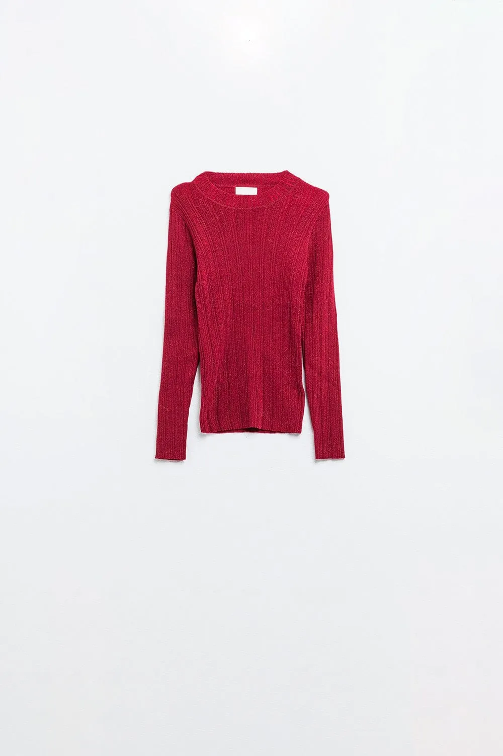 Fitted Ribbed Sweater In Maroon With Silver Thread Detail