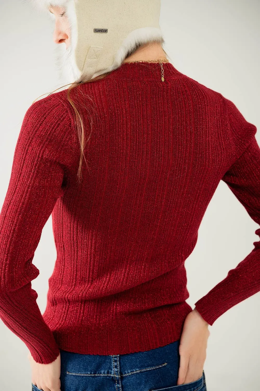 Fitted Ribbed Sweater In Maroon With Silver Thread Detail