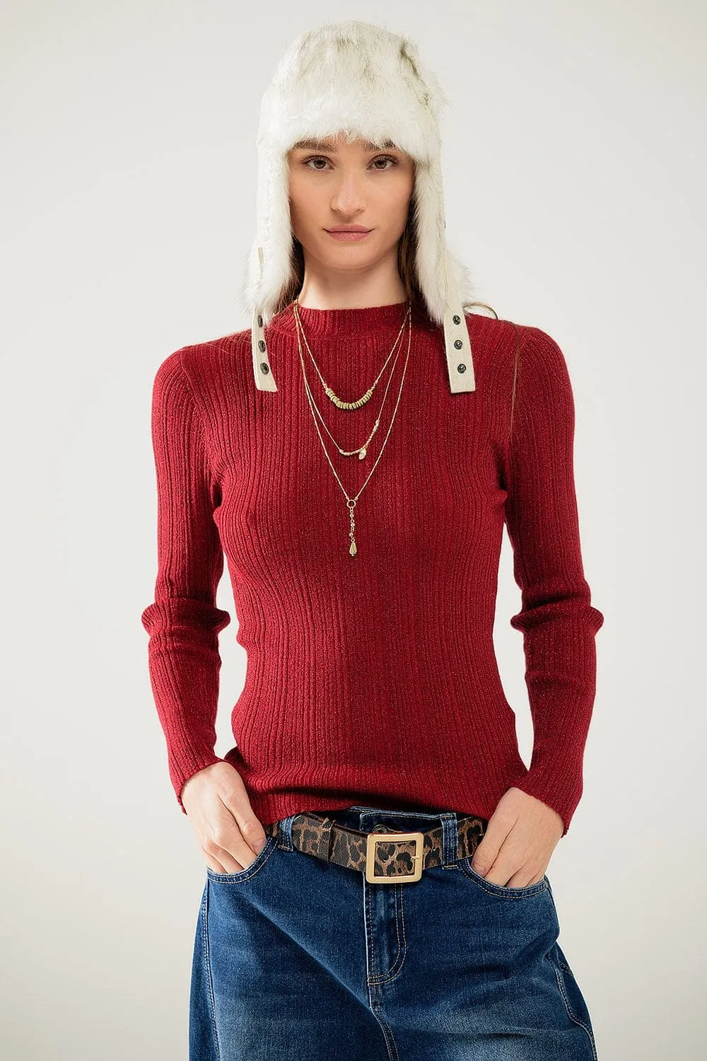 Fitted Ribbed Sweater In Maroon With Silver Thread Detail