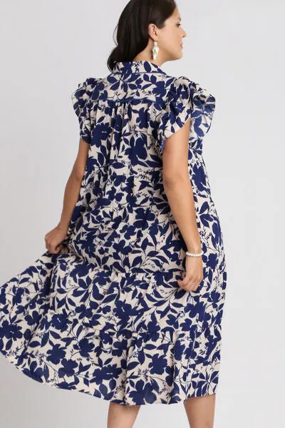 Floral Collared Ruffle Cap Sleeve Midi Dress