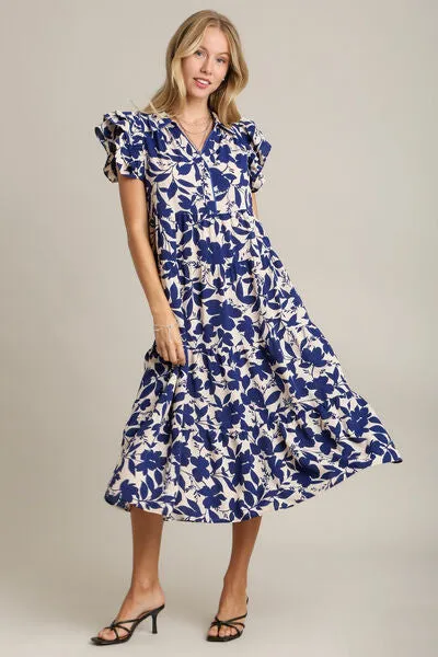 Floral Collared Ruffle Cap Sleeve Midi Dress