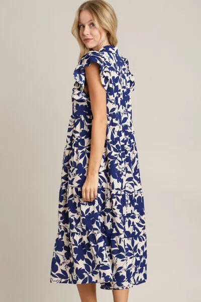 Floral Collared Ruffle Cap Sleeve Midi Dress
