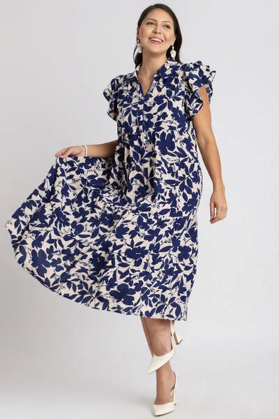 Floral Collared Ruffle Cap Sleeve Midi Dress