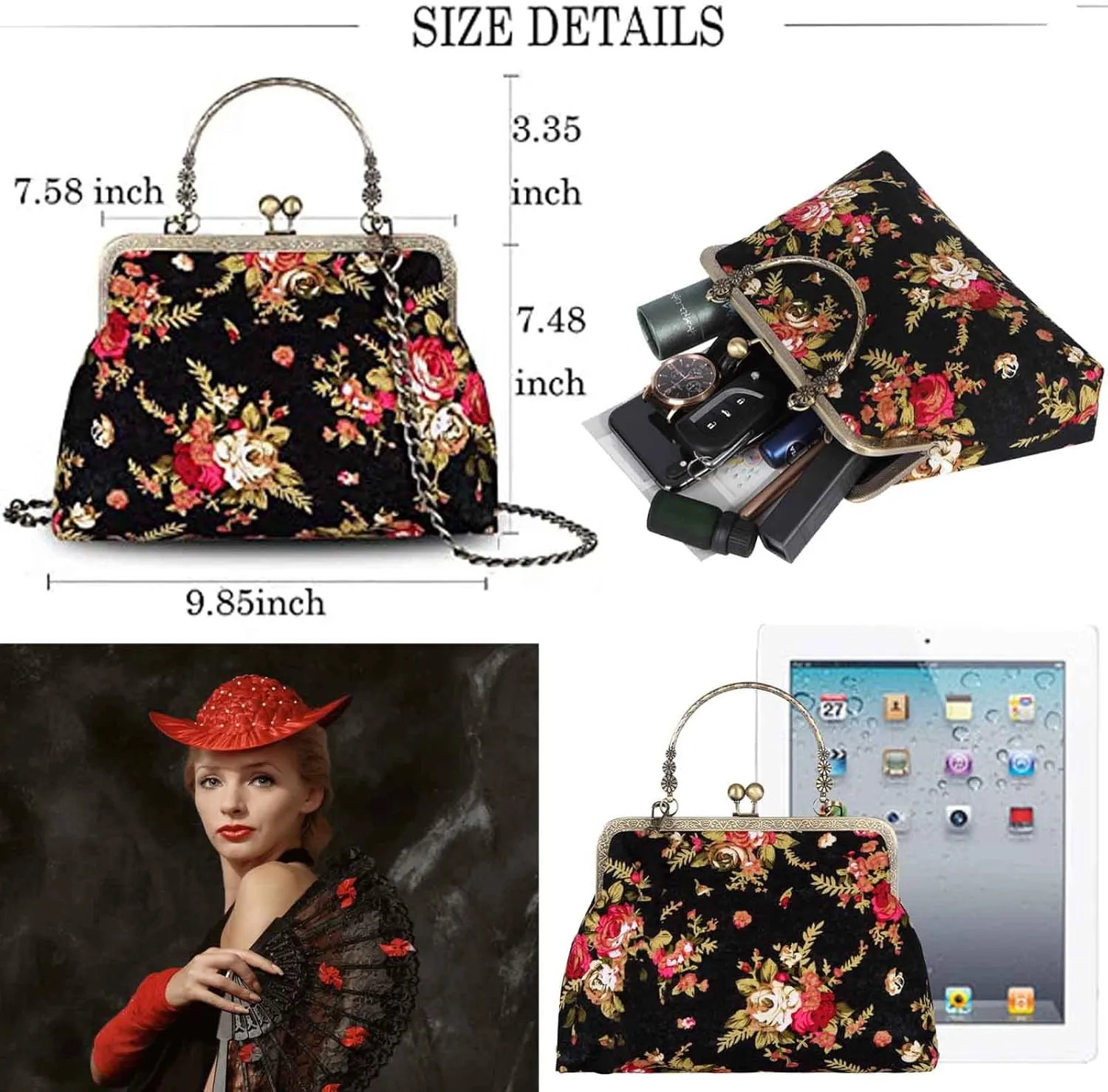 Floral Top-Handle Handbag, Kiss Lock Evening Bag for Women, Vintage Handbag