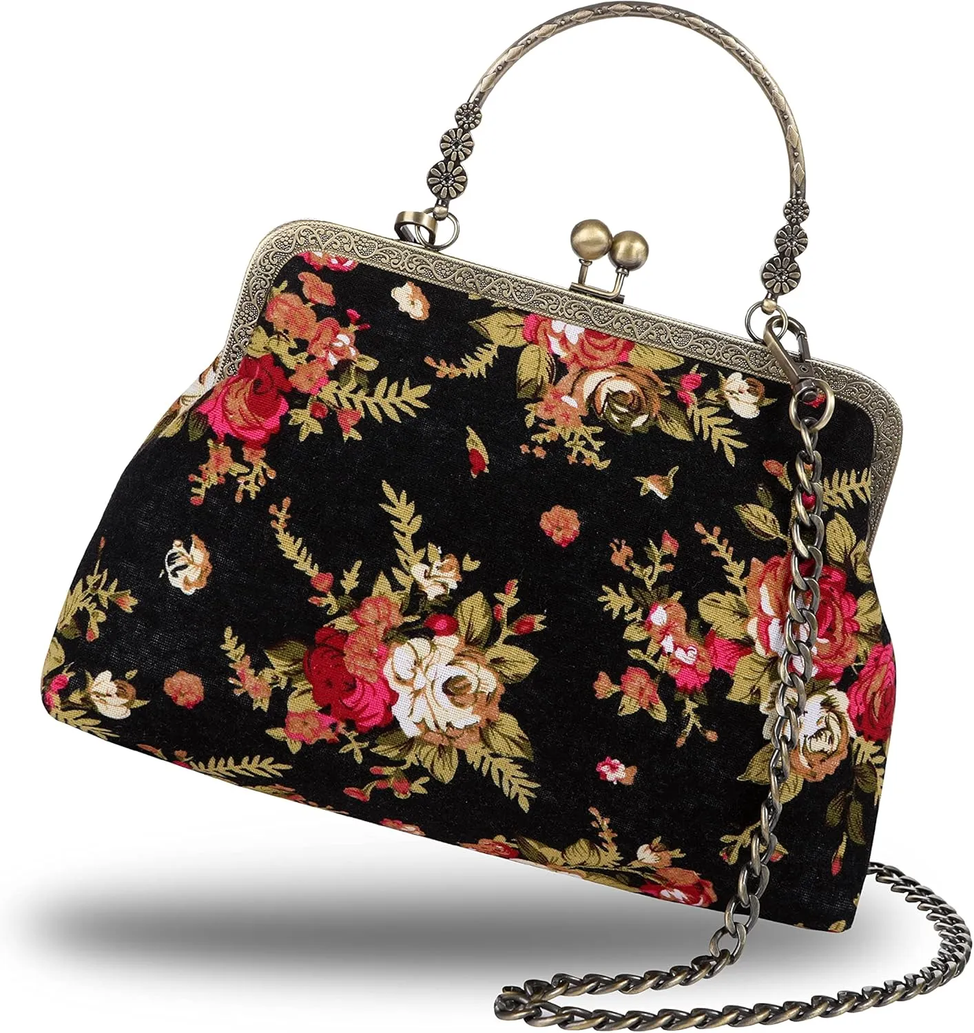 Floral Top-Handle Handbag, Kiss Lock Evening Bag for Women, Vintage Handbag