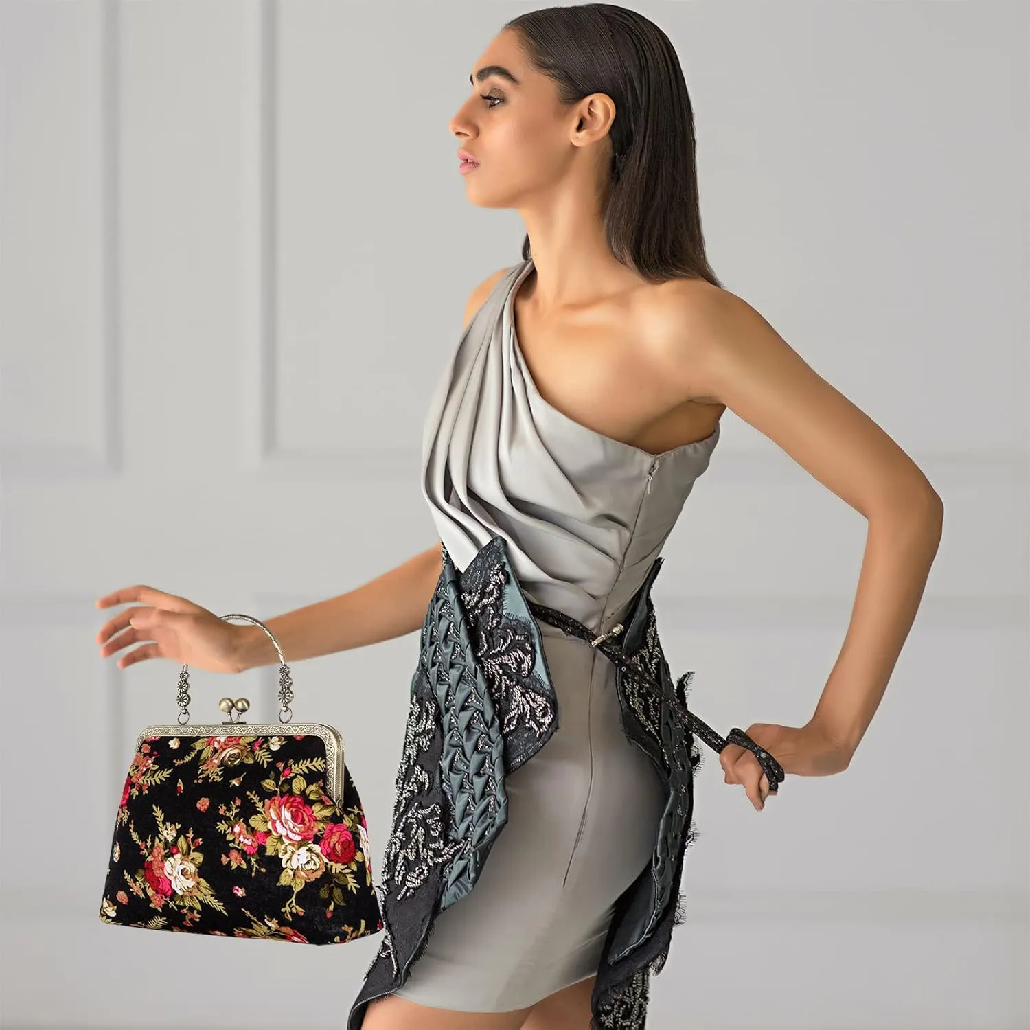 Floral Top-Handle Handbag, Kiss Lock Evening Bag for Women, Vintage Handbag