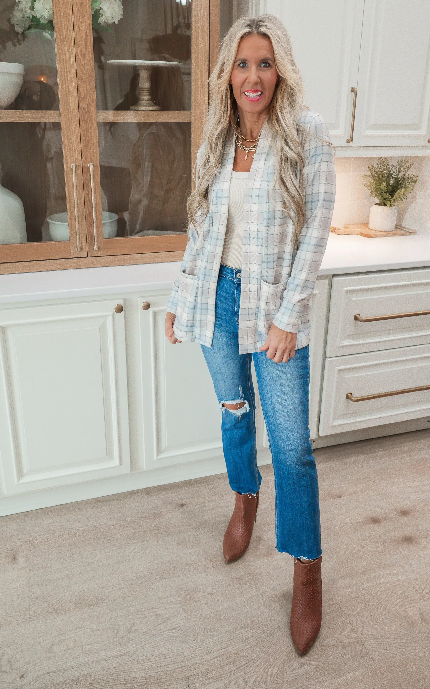 Forever Favorite Plaid Cardigan in Ivory Mocha Blue #1 | Salty Wave DEAL