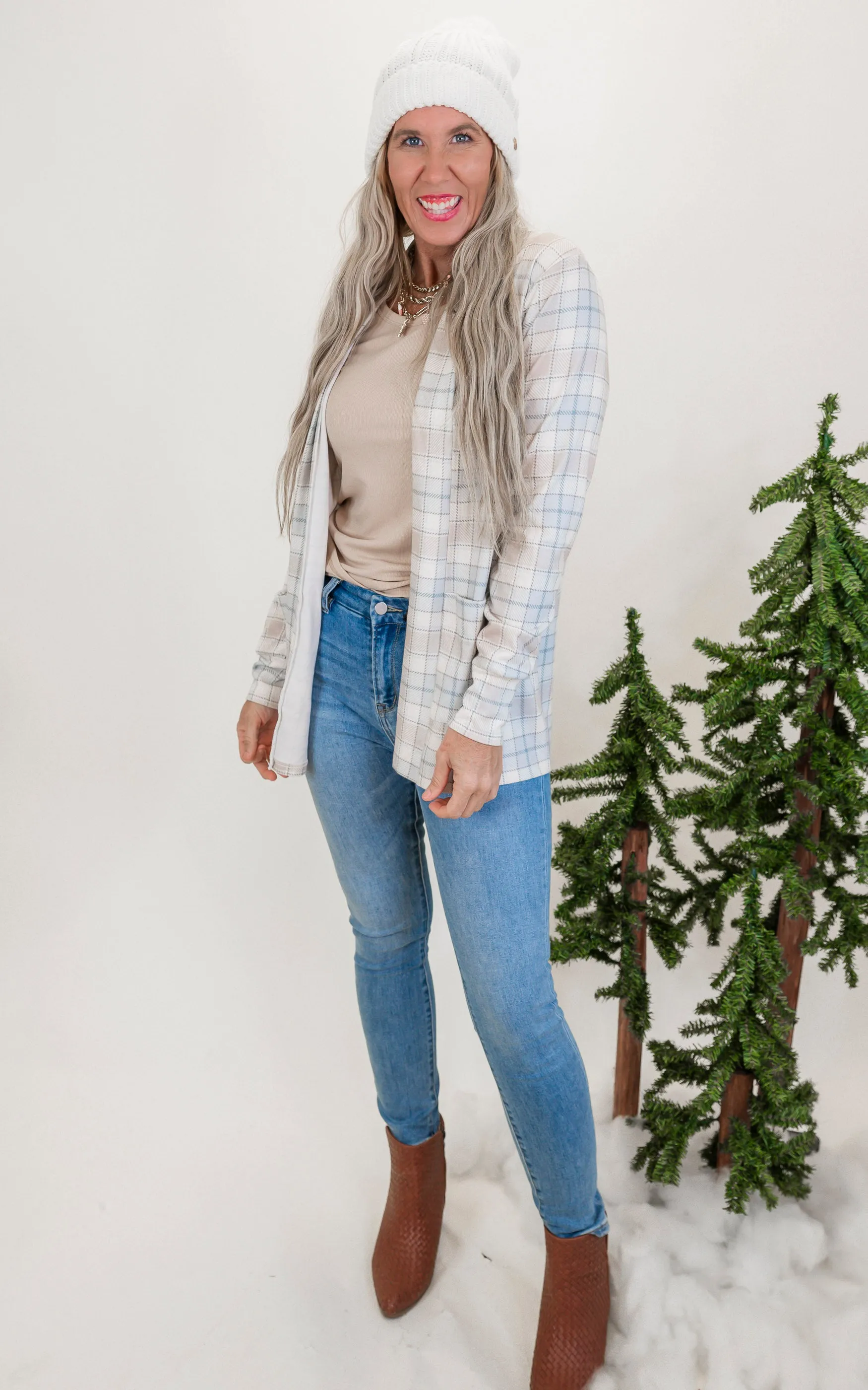 Forever Favorite Plaid Cardigan in Ivory Mocha Blue #1 | Salty Wave DEAL