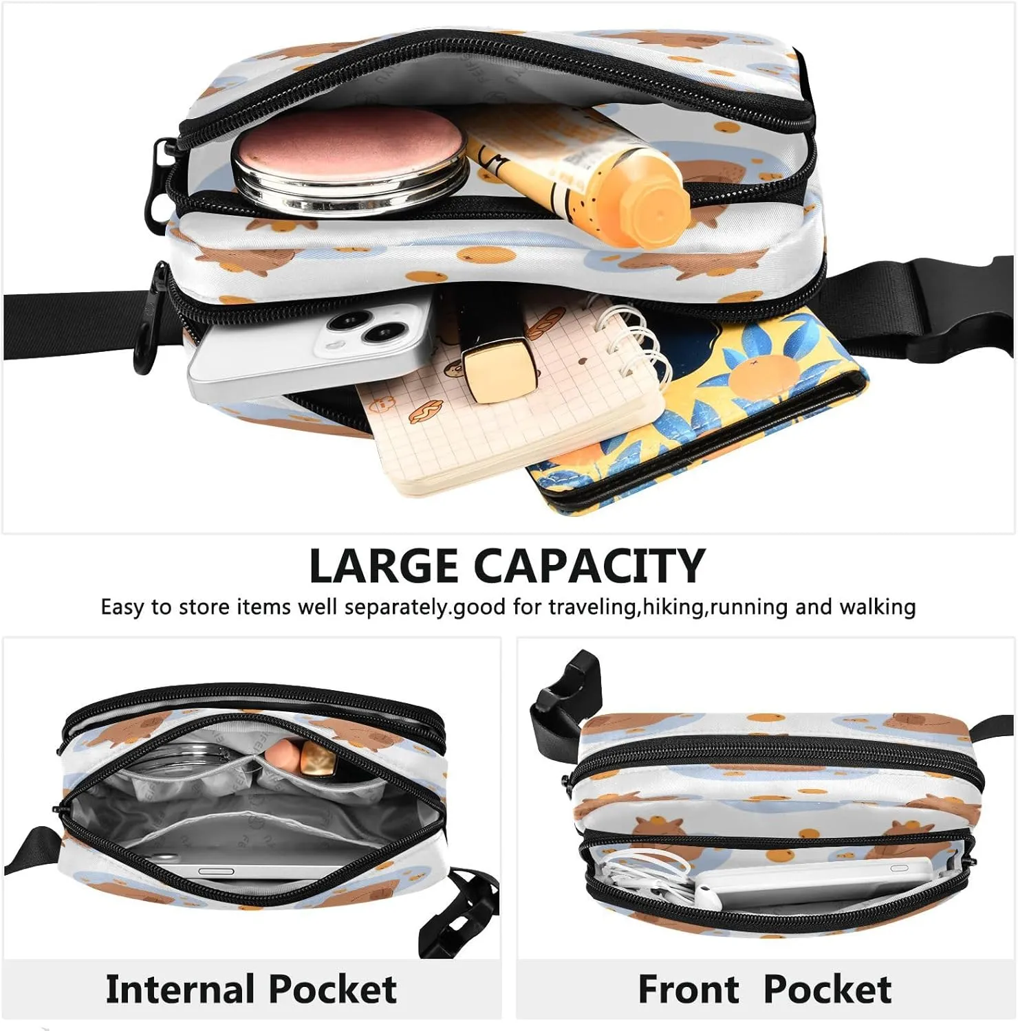 Funny Capybaras Swimming Belt Bag for Women Men Fanny Pack Small Waist Pouch Crossbody Bags for Outdoor Hiking Running Travel