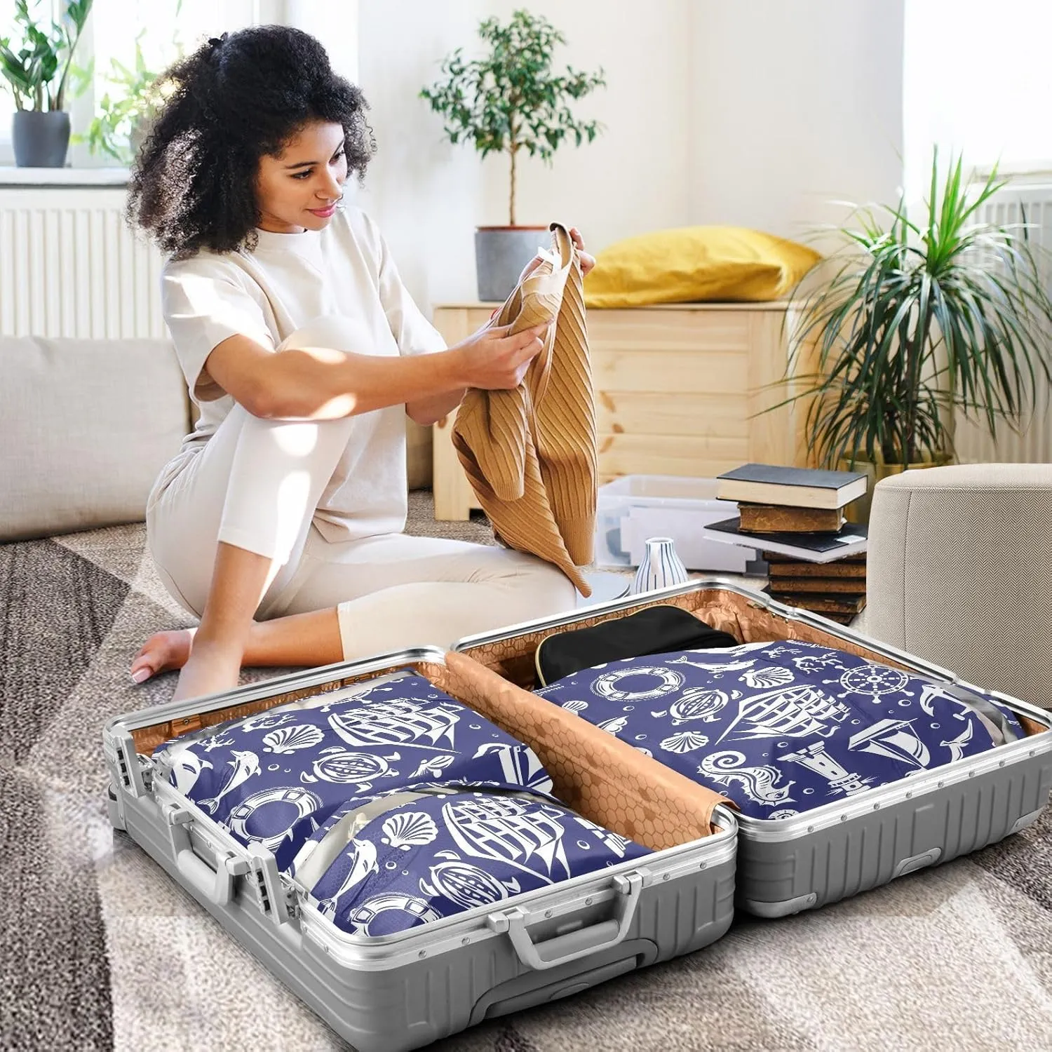 Garment Bag Closet Storage, Luggage Space Saver, White Summer Sea Icons Set, Waterproof, 3 Set Travel Packing Cubes For Suitcases, Luggages Management Personnel