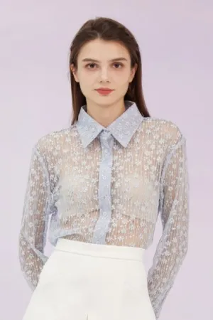 Genavieve Light Blue Flower Long Sleeve Top