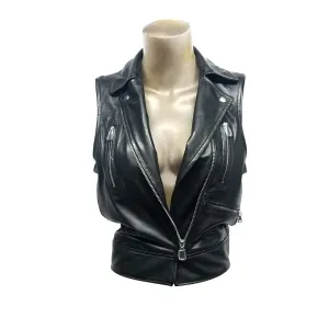 Genuine Black Leather Vest, Removable genuine fur neck optional.