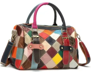 Genuine Leather Women Handbag Top Handle Handbag Vintage Totes Tote with Long Strap Multicolor Splice Purse