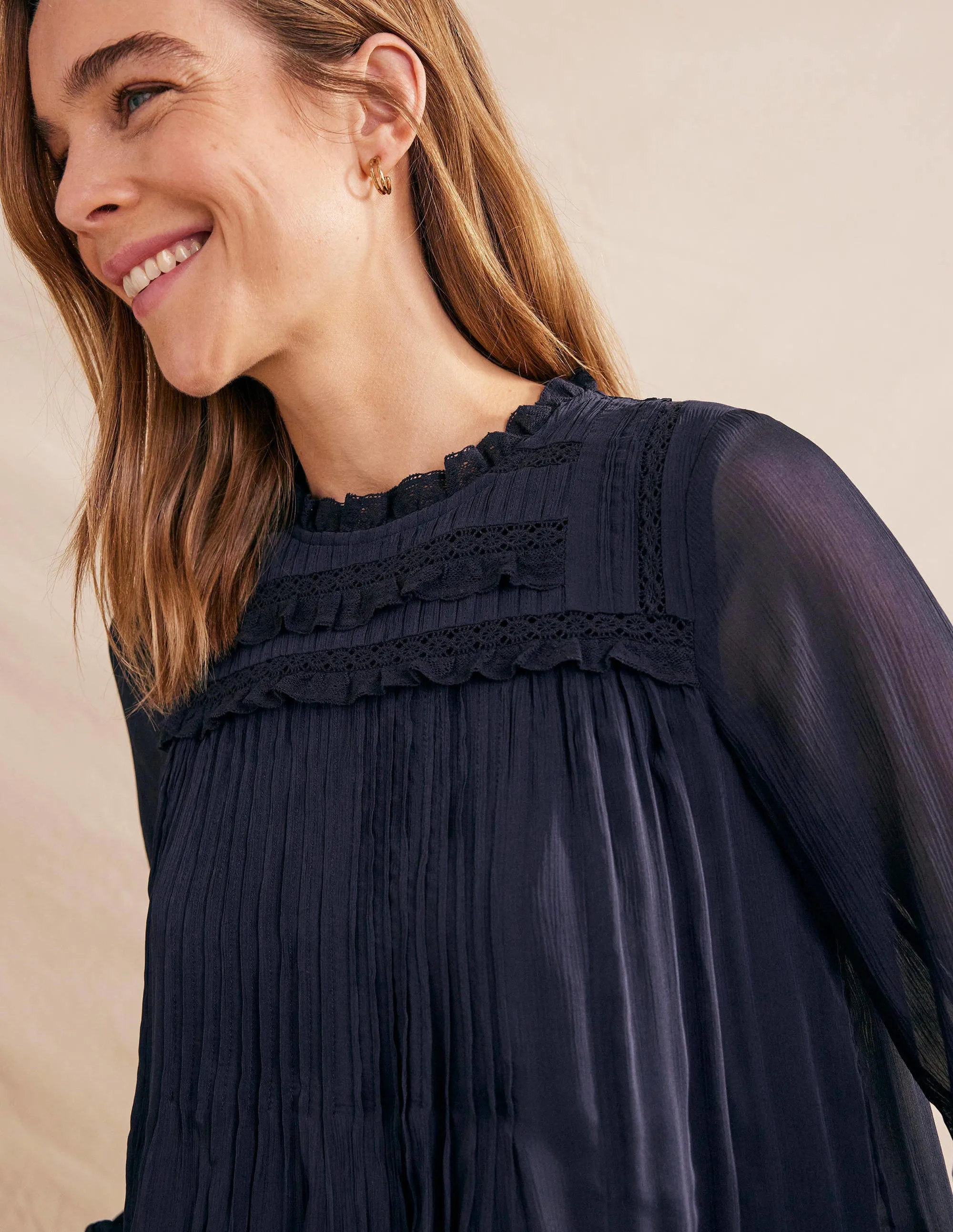 Georgette Trim Top-Navy