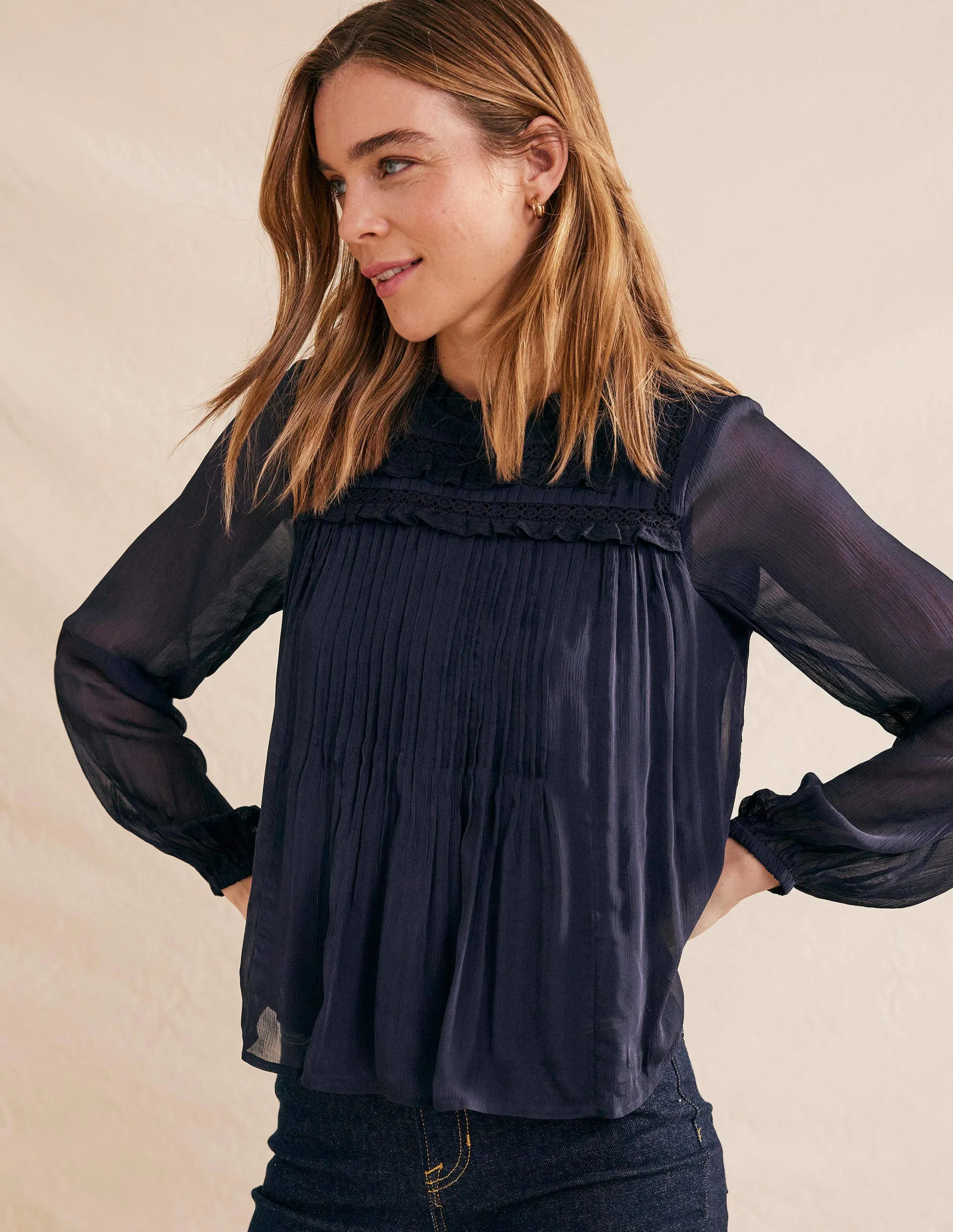 Georgette Trim Top-Navy