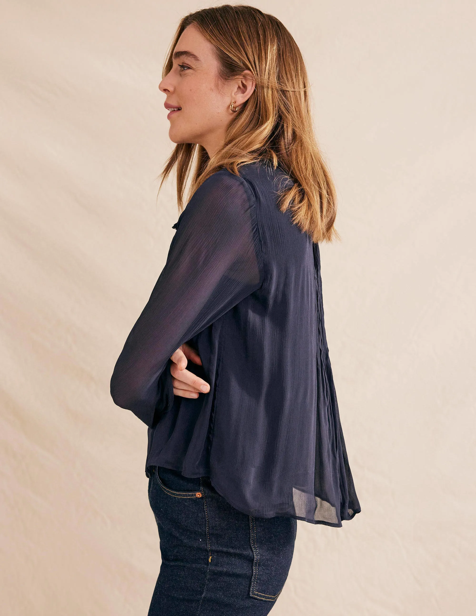 Georgette Trim Top-Navy